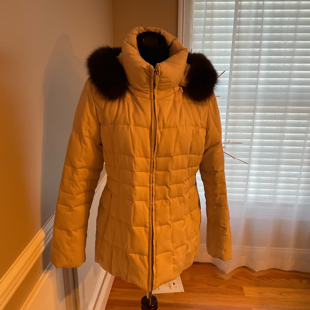 Calvin Klein Tan Puffer Jacket With Fur Accents